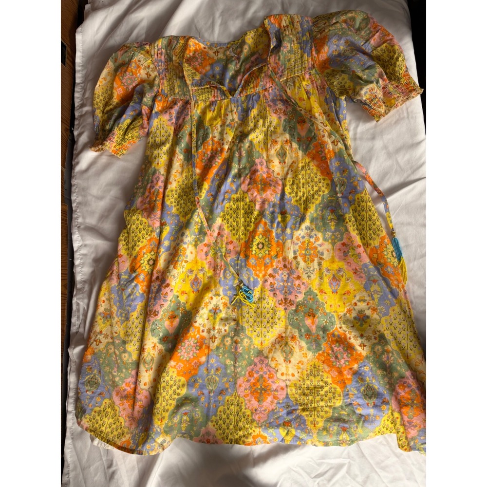 Kaktus Women Small Cotton Boho Paisley Floral Puff Sleeve Mini Babydoll Dress